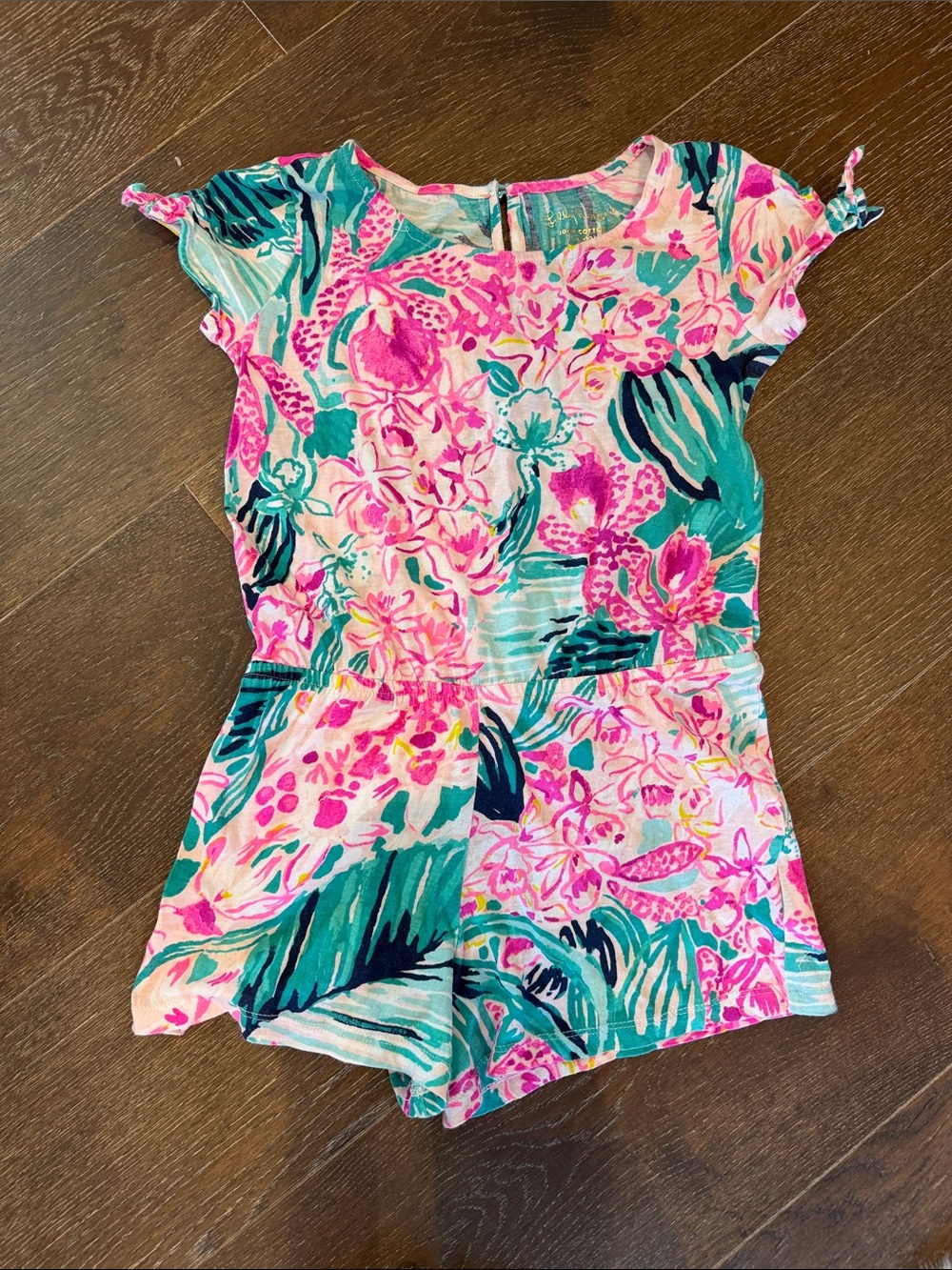 Lilly Pulitzer Pink & Teal Floral Short Romper Girls Large (8-10) EUC